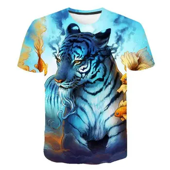 Chlapci a dievčatá T-shirts s tiger a lev vzory, chlapčenské letné šaty s 3D animácie vzor a krátke rukávy