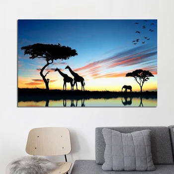 Afrických Pláňach Žirafa, Slon krajinomaľbou Tlač na Plátno Zvierat Umenie Stenu Obrázok, Kresby na Obývacia Izba Dekor Cuadros