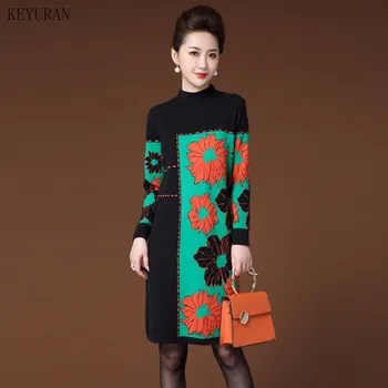 Rovno Kvetinový Turtleneck Dlhý Sveter Šaty Jeseň Zima 2021 Ženy Vintage Voľné Zelená Čierna Patchwork Elegantné Pletené Šaty