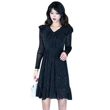 COIGARSAM 4XL Plus Veľkosť francúzsky Štýl Ženy šaty Nové Jarné Vintage Vysoký Pás Šaty Black 8837