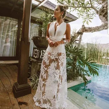 Biela Čipka Duté Z Long Beach Šaty 2020 Elegantné Svadobné Party Backless Formálne Dámy Maxi Šaty Večerné Šaty Club Vestidos