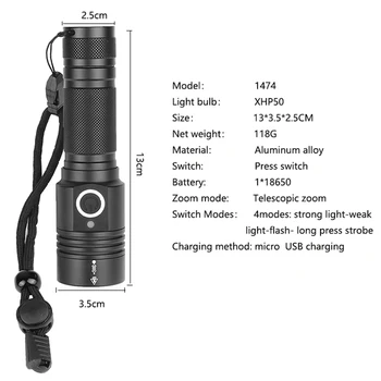 NOVÁ Baterka Ultra Svetlé xhp50.2 LED Baterkou USB Nabíjateľná Baterka Zoomovateľnom LED Baterka s 18650 Batérie