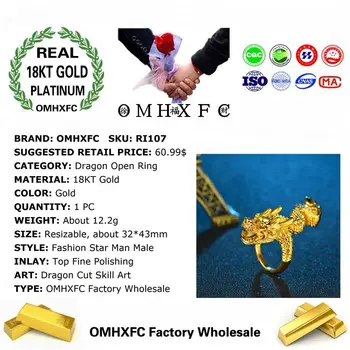 OMHXFC Veľkoobchod Európskej Módy Muž Muž Strany, Narodeninám, Svadobný Dar 3D Dragon Otvoriť Resizable 18KT Skutočný Zlatý Prsteň RI107