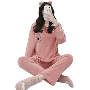 Zimné Pyžamo Ženy Dve Dielna Sada Teplo Domova Odev Kórejský Roztomilý Sleepwear Oblečenie Nohavice Jeseň