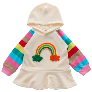 2019 Nové Jeseň babys Šaty Deti, Baby, Dievčatá Dlhý Rukáv Pevné Rainbow tlače Kapucňou Oblečený Odev