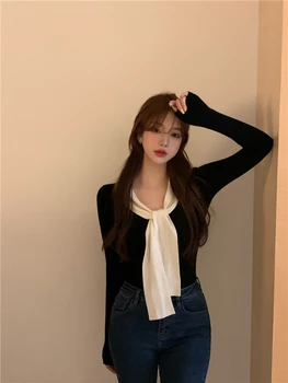 2 farby jesene kórejský štýl ženy slim topy golier, kravatu farbou dlhý Rukáv t-shirt Dámske Tričká tričko femme (R99440)