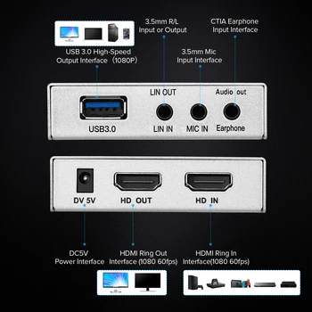 HDMI Zachytiť Kartu USB3.0 Hru Video Konvertor s HDMI Loop-out, Podpora Full HD 1080P 60HZ Mic V hd video game capture