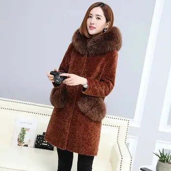 Skutočné Kožušinový Kabát Vlna Bunda kórejský Fox Kožušinovou Kapucňou Zimná Bunda Ženy Oblečenie 2020 Ovce Shearling Kožušiny Plus Veľkosť Dlhá Srsť ZT650