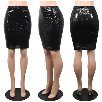 Docela Sexy Čierne Sequin Midi Sukne Ženy Vysoký Pás Club Sukne Módne Patchwork Party Bodycon Sukne dámske Oblečenie