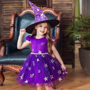 2020 Deti Halloween Kostýmy Čarodejnice Krátke Šaty s Pointy Klobúk Dievčatá Cosplay Deti Narodeninovej Party Vianočné Červená Čierna Fialová