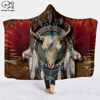 Čierny Indický Rodák Lakota Lebky buffalo soldier Kapucňou Deka 3D full tlač Nositeľné Deka Dospelých, Deti štýl-6