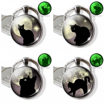 Čierna Mačka, Žiariace Oči Plné Mesiac Fotografie Keychain Svetelný Sklenenou Kupolou Cabochon Šperky Zvierat DIY prívesok na Prsteň Prívesok Dary