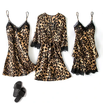 4 Ks Pyžamo Nastaviť Ženy Sleepwear Ružová Leopard Vytlačené Faux Hodváb Žena Pyžamo Škvrny, Oblečenie Pre Voľný Čas Sexy Čipka Odev