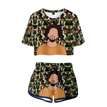 J. Cole Nový Album KOD 3D Vytlačené Ženy Dve Kus Nastaviť Módne Letné Plodín Top+Šortky 2019 Hip Hop Bežné Streetwear Oblečenie