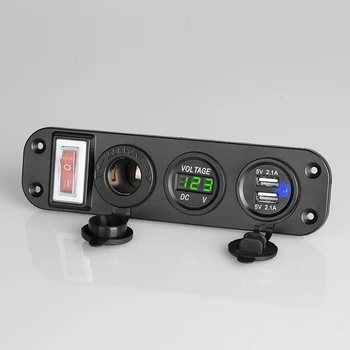 4 v 1 ON/OFF Nabíjačku Zásuvky Panel Dual USB Zásuvky LED Voltmeter Cigaretový Zapaľovač Prepínač pre Truck Car Morské Lode
