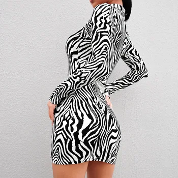 Európa Ženy Zebra-prúžok s Dlhým Rukávom Tesné Šaty Sexy Nočného Klubu Fashion Mini Šaty Party Jar Jeseň Streetwear S M L