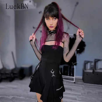 Harajuku Punk Gotická Čierna Vysoký Pás Čiernej Sukne Ženy Sexy Patchwork Obväz Mini Sukne Ženy Streetwear Letné Sukne 2021