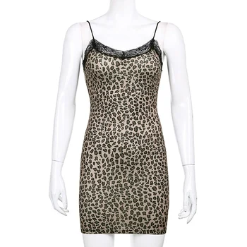 Missme Bodycon Šaty Leopard Tlač Čipky Paletu Mini Šaty V Krku Šatka Sexy Party Šaty Vysoký Pás Hnedé Šaty Streetwear