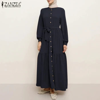 Jeseň Rozstrapatené Maxi Šaty ZANZEA Vintage Dlhý Rukáv Moslimské Oblečenie Žien Tlačidlá Bleted Dubaj Abaya Hidžáb Oblečenie Kaftane Marocain