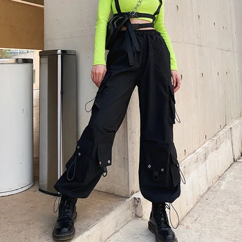 OneLineFox Harajuku Hip Hop Voľné Nohavice Capris Bežné Čierna Vysoký Pás Cargo Nohavice Ženy Vrecká Módne Nohavice Streetwear