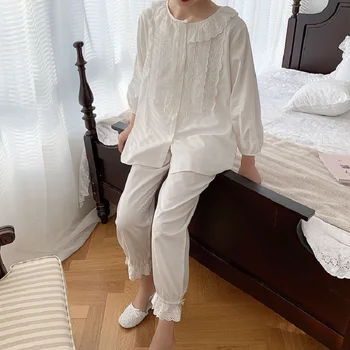 Móda Mäkké Čistej Bavlny Žien Bežné Biely Kvetinový Pyžamo Sady Žena Voľné Roztomilý Sleepwear Plus Veľkosť