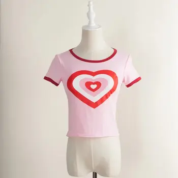 2019 Sexy Gradient Láska Srdce Print T shirt Ženy Lete Patchwork Plodín Top Krátky Rukáv T-shirt Femme Ružové Tričko Slim Top Čaj