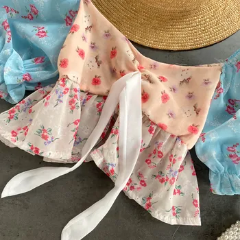 Móda Kontrastné Farebné Mozaiky Lístkového Krátky Rukáv Top Ženy Lete Roku 2020 Nový Kvetinový Šifón Tričko Lady Holiday Beach Oblečenie Top