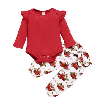 Two Piece Baby Girl’s Clothes Fresh Solid Color Long Sleeve Jumpsuit and Christmas Element Long Pants Soft and Comfortable Set