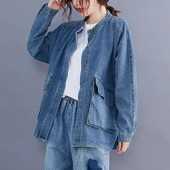 NOVÉ denim umyté ženy kabát jar/jeseň jeans bundy vintage čínsky štýl stand golier košele cardigan príčinné oblečenie