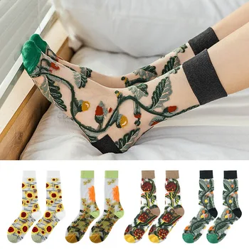 Kreatívne Harajuku Nový Produkt Crystal Hodváb Príliv Ponožky Zábavné Slnečnice Vína Kvety Šťastný Ženy Ponožky Bežné Vysokej Kvality Sox