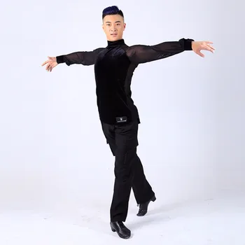 Nový Príchod Latinskej Tanca Velvet Košele Pre Mužov Čierny Dlhý Rukáv Sexy Topy Nosia Muži Dospelých Moderné Strán Sála Oblečenie 15045