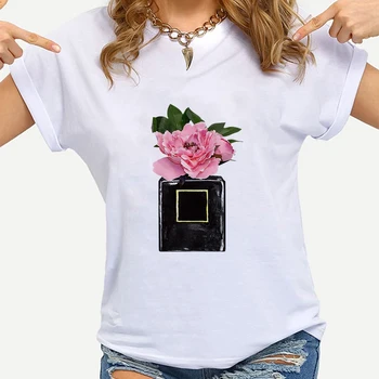 Women's T-shirts Oversize Casual Good Mood Flower Perfume Bottle Print 2021 Summer Sport Top For Girl Plus Size Harajuku Fashion
