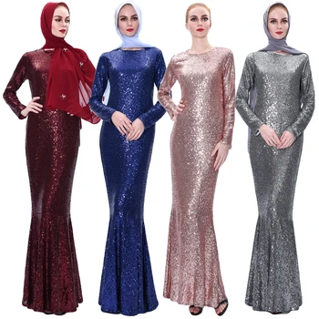 Dubaj Ženy Moslimských Dlhý Rukáv Sequin Maxi Bodycon Strany Kaftan Islamské Modlitby Ramadánu Vintage Šaty Župan Arabské Odevy