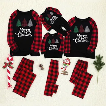 2020 Vianočné Pyžamo Rodiny Módne Vianoce List Pléd, Tlač Dlhý Rukáv Tričko + Nohavice Sleepwear Rodiny Zodpovedajúce Oblečenie