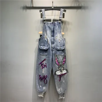 Európska stanice 2019 jar nové flitrami listov otvor džínsy veniec sequin králik denim džínsy, nohavice s náprsenkou