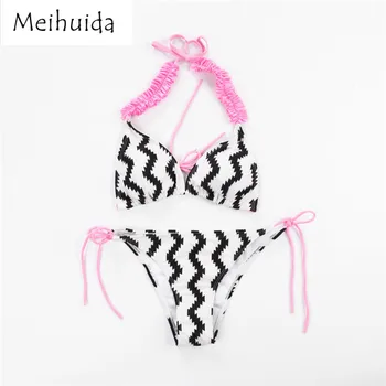 V roku 2018 sa Nové teplovodné Brazílsky Vlna tlač Sexy dámske Bikini Set Push Up čalúnená Pruhované plavky, plavky, plavky plážové oblečenie