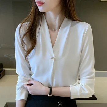 Biela šifón tričko ženy bežné móde kariéry 2020 jeseň nový high-end V-neck tričko ženy dlho puzdre tričko šifón