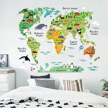 Veľké Detské Vzdelávacie Zvierat, Mapa Sveta Vymeniteľné Odtlačkový Art Nástenné Domova Samolepky Na Stenu