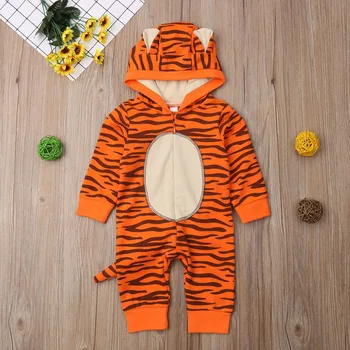 Novonarodené Dieťa, Chlapec, Dievča s Kapucňou Remienky Roztomilý Kreslený 3D Tiger Oblečenie Jumpsuit Bavlnené Oblečenie 0-18 M