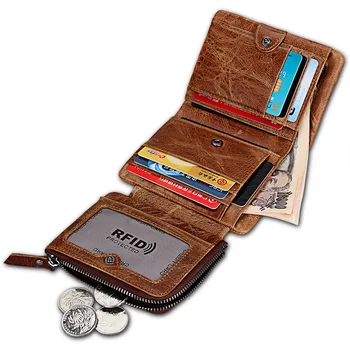 RFID Skutočné Crazy Horse Mužov, Kožené Peňaženky Vintage Trifold Peňaženka na Zips na Mince Vrecku, Kabelke Cowhide Kožené Peňaženky Pre Mužov