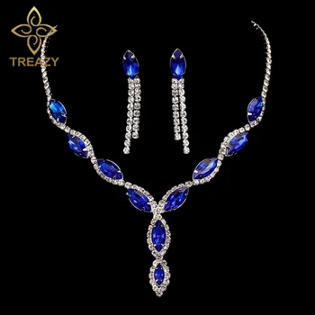 TREAZY Módne Leaf Strapec Svadobné Šperky Sady Royal Blue Crystal Choker Náhrdelníky Náušnice Nastaviť Svadobné Šperky Sady pre Ženy