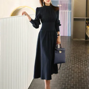2019 Jar Pevné A-line Šaty Ženy Plus Veľkosť Námornícka Modrá Plný lístkového Sleeve Stand krku Bežné Kancelárske Šaty Elegantné Šaty Práce