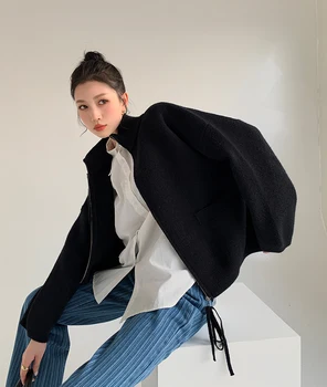 Čierna žena cardigan sveter kabát nový zimný vietor lenivý pol turtleneck voľné vonkajšie nosenie