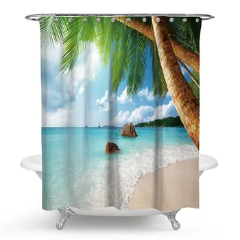 Pláž Sprchový Záves V Kúpeľni Nepremokavé Vaňa Závesy 3D Kokosové Palmy Seascape douchegordijn landschap Severskej