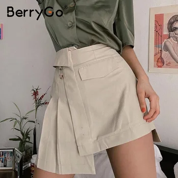 BerryGo Elegantné nepravidelný skladaný ženy krátke sukne A-line pevné vysoký pás sukne ženskej Módy high street ženy mini sukne 2020