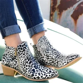 Dámske topánky 2020 nové veľké veľkosti, silné päty jazdecké topánky strane zips nízkom podpätku leopard tlač módne bežné dámske topánky