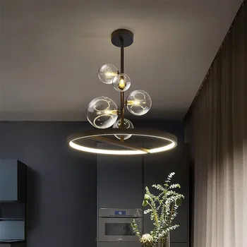 Nordic Štýl LED Luster Krúžok sklenenú Guľu Black Jedáleň, Obývacia Izba Bar Spálňa Strop Prívesok Lampy Domáce Dekorácie Osvetlenie
