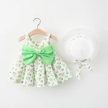 Baby Girl Dress 2021 Letných Lúk Tlač Šaty S Klobúkom 2 ks Detské Oblečenie Vyhovuje Bohemia Štýl Novorodenca Batoľa Šaty