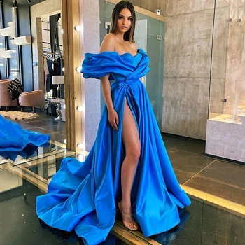 Horúce Arabský Večer Party Šaty Vysoká Rozdeliť Župan De Soiree Modrá Prom Šaty Dlhé 2021 Mimo Ramenný Celebrity Šaty Vestidos