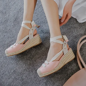 Klin sandále 2020 lete nové Baotou sandále ženy vysoké podpätky kožené módne wild víla štýl hrubé-soled topánky Z791